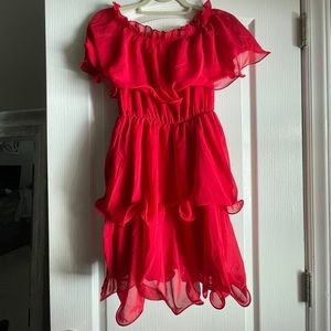 Red off the shoulder ruffle mini dress